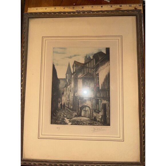 Antique Framed Signed Print SAINT-VIVIEN VU DE LA RUE DU MATELAS Rouen France - Picture 1 of 11